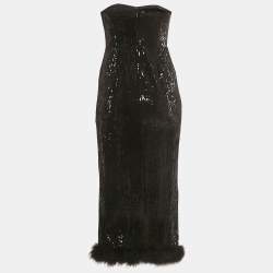 Pre Owned NBD Black Sequin Strapless Feather Trim Kalindi Midi Dress XS