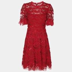 Needle & Thread Red Mesh Embroidered Liliy Bloom Mini Dress S