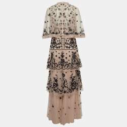 Pre Owned Needle & Thread Pink Floral Embroidered Tulle Cape Sleeve Gown L