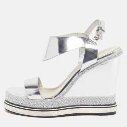 Pre Owned Nicholas Kirkwood Leda Size 37.5 Silver Leather Espadrille Wedge Sandals