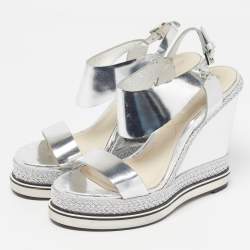 Pre Owned Nicholas Kirkwood Leda Size 37.5 Silver Leather Espadrille Wedge Sandals