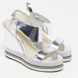 Pre Owned Nicholas Kirkwood Leda Size 37.5 Silver Leather Espadrille Wedge Sandals