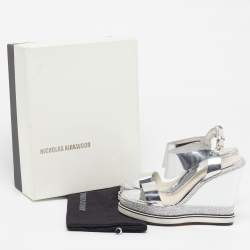 Pre Owned Nicholas Kirkwood Leda Size 37.5 Silver Leather Espadrille Wedge Sandals