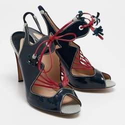 Nicholas Kirkwood Navy Blue Patent Leather Ankle Strap Sandals Size 40.5