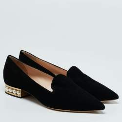 Nicholas Kirkwood Black Suede Casati Faux Pearl Heel Pointed Toe Loafers Size 40