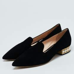 Nicholas Kirkwood Black Suede Casati Faux Pearl Heel Pointed Toe Loafers Size 40