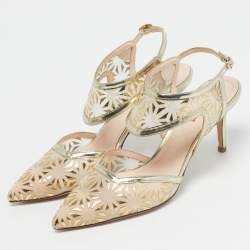 Pre Owned Nicholas Kirkwood Gold/Beige Leather and Mesh Leda Slingback Pumps Size 36