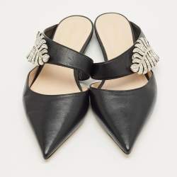 Pre Owned Nicholas Kirkwood Black Leather Crystal Embellished Monstera Flat Mules Size 37
