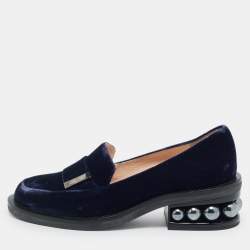 Pre Owned Nicholas Kirkwood Navy Blue Velvet Pearl Embellish Loafers Size 36.5
