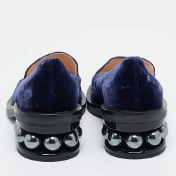 Pre Owned Nicholas Kirkwood Navy Blue Velvet Pearl Embellish Loafers Size 36.5