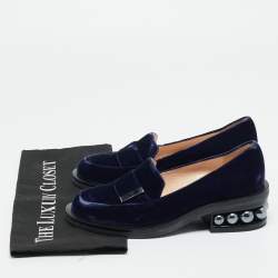 Pre Owned Nicholas Kirkwood Navy Blue Velvet Pearl Embellish Loafers Size 36.5