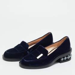 Pre Owned Nicholas Kirkwood Navy Blue Velvet Pearl Embellish Loafers Size 36.5
