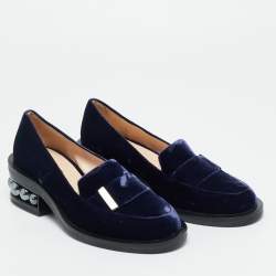 Pre Owned Nicholas Kirkwood Navy Blue Velvet Pearl Embellish Loafers Size 36.5