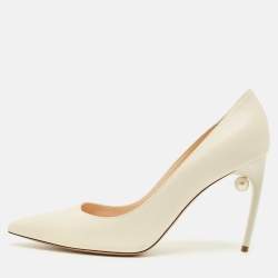 Pre Owned Nicholas Kirkwood Size 41 Cream Leather Pearl Embellished Pointed Toe Pumps
