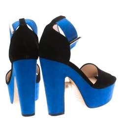 Pre Owned Nicholas Kirkwood Black/Blue Suede Maya Pearl Platform Ankle Strap Sandals Size 35