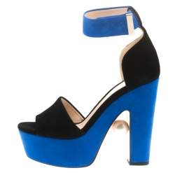 Pre Owned Nicholas Kirkwood Black/Blue Suede Maya Pearl Platform Ankle Strap Sandals Size 35