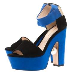 Pre Owned Nicholas Kirkwood Black/Blue Suede Maya Pearl Platform Ankle Strap Sandals Size 35