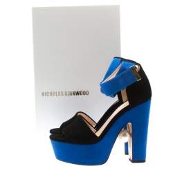 Pre Owned Nicholas Kirkwood Black/Blue Suede Maya Pearl Platform Ankle Strap Sandals Size 35