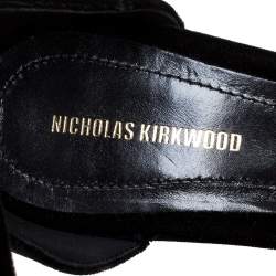 Nicholas Kirkwood Black Velvet Pearl Embellished Ankle Cuff Platform Sandals Size 38
