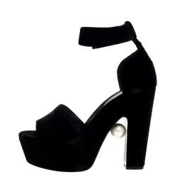 Nicholas Kirkwood Black Velvet Pearl Embellished Ankle Cuff Platform Sandals Size 38