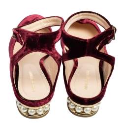 Pre Owned Nicholas Kirkwood Burgundy Velvet Lola Pearl Embellished Ankle-Strap Ballet Flats Size 40