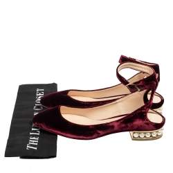 Pre Owned Nicholas Kirkwood Burgundy Velvet Lola Pearl Embellished Ankle-Strap Ballet Flats Size 40