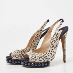 Pre Owned Nicholas Kirkwood Navy Blue/Cream Laser Cut Lace and Suede Pearl Platform Peep Toe Slingback Pumps Size 39