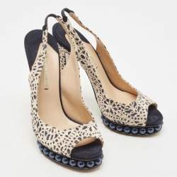 Pre Owned Nicholas Kirkwood Navy Blue/Cream Laser Cut Lace and Suede Pearl Platform Peep Toe Slingback Pumps Size 39