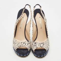Pre Owned Nicholas Kirkwood Navy Blue/Cream Laser Cut Lace and Suede Pearl Platform Peep Toe Slingback Pumps Size 39