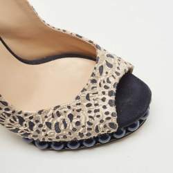 Pre Owned Nicholas Kirkwood Navy Blue/Cream Laser Cut Lace and Suede Pearl Platform Peep Toe Slingback Pumps Size 39