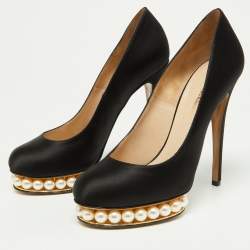 Pre Owned Nicholas Kirkwood Black Satin Casati Faux Pearl Platform Pumps Size 38