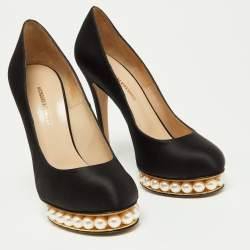 Pre Owned Nicholas Kirkwood Black Satin Casati Faux Pearl Platform Pumps Size 38