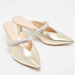 Nicholas Kirkwood Gold Leather Crystal Embellished Leve Mules Size 39
