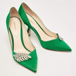 Pre Owned Nicholas Kirkwood Green Satin Crystal Embellished Monstera Pumps Size 38.5