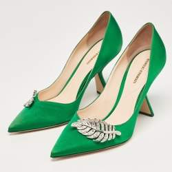 Pre Owned Nicholas Kirkwood Green Satin Crystal Embellished Monstera Pumps Size 38.5