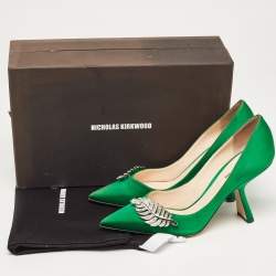 Pre Owned Nicholas Kirkwood Green Satin Crystal Embellished Monstera Pumps Size 38.5