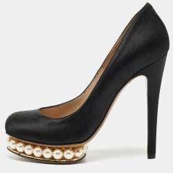 Nicholas Kirkwood Black Satin Lola Pearl Embellished Pumps Size 36.5