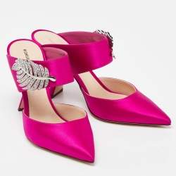 Pre Owned Nicholas Kirkwood Pink Satin Monstera Crystal Embellished Pointed Toe Mules Size 38.5