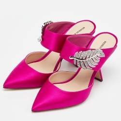 Pre Owned Nicholas Kirkwood Pink Satin Monstera Crystal Embellished Pointed Toe Mules Size 38.5