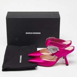 Pre Owned Nicholas Kirkwood Pink Satin Monstera Crystal Embellished Pointed Toe Mules Size 38.5