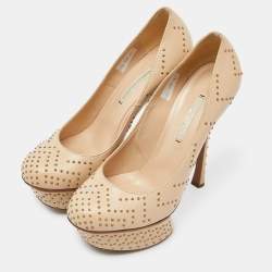 Nicholas Kirkwood Beige Studded Leather Platform Pumps Size 37.5