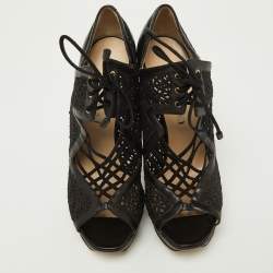 Nicholas Kirkwood Black Lace and Leather Cut Out Platform Lace Up Pumps Size 38.5