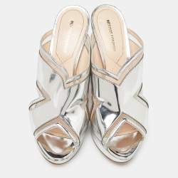 Nicholas Kirkwood Silver Leather and Mesh Pearl Embellished Platform Block Heel Slide Sandals Size 40