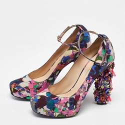 Nicholas Kirkwood Multicolor Printed Fabric Embellished Heel Ankle Strap Pumps Size 40