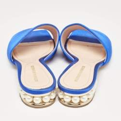 Nicholas Kirkwood Blue Satin Crystal Embellished Slides Size 38