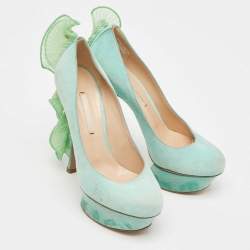 Nicholas Kirkwood Mint Green Suede Ruffle Trimmed Platform Pumps Size 37