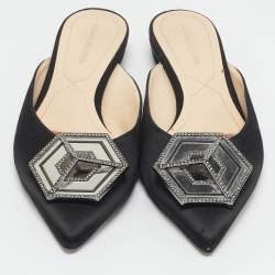 Pre Owned Nicholas Kirkwood Black Satin Eden Crystals Embellished Flat Mules Size 38
