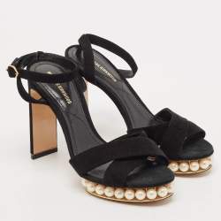 Nicholas Kirkwood Black Suede  Pearl Embellished Platform Ankle Strap Sandals Size 38
