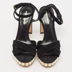 Nicholas Kirkwood Black Suede  Pearl Embellished Platform Ankle Strap Sandals Size 38
