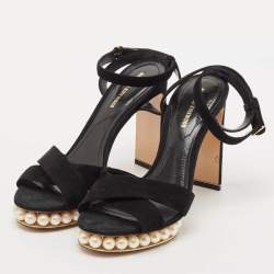 Nicholas Kirkwood Black Suede  Pearl Embellished Platform Ankle Strap Sandals Size 38